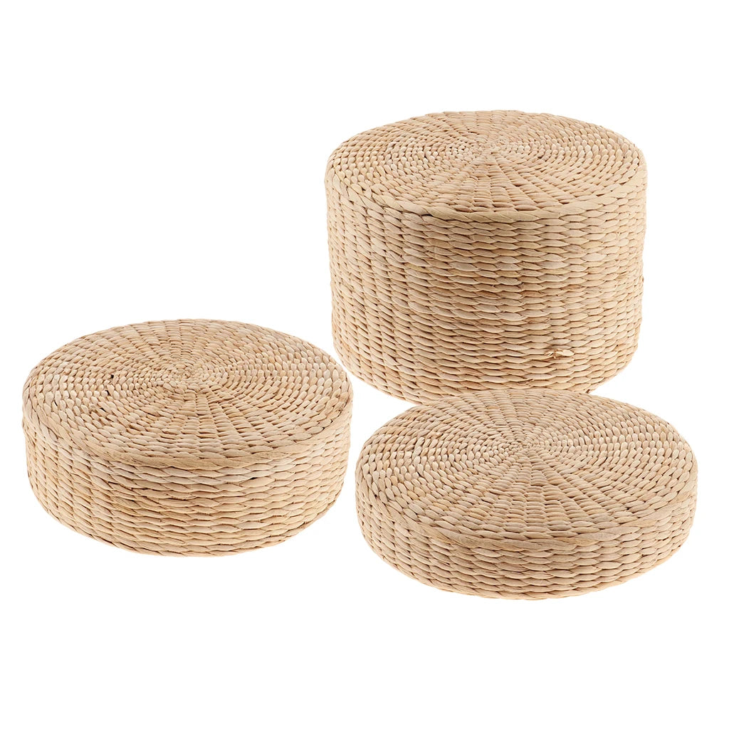 Hand-Woven Natural Straw Round Pouf Cushion